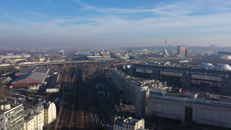 Railway-train-Paris-la-vilette-area-France-aerial-shot